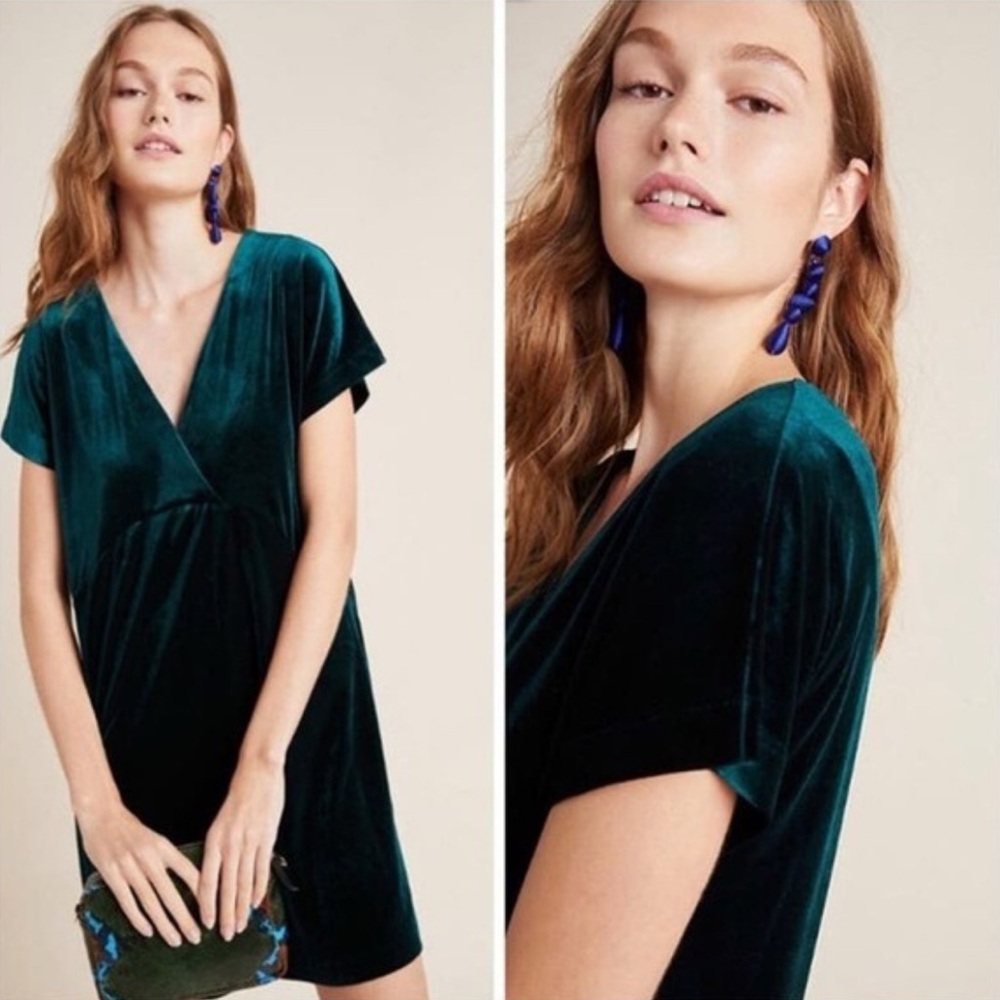 XL Anthropologie Sunday in Brooklyn Green Velvet Midi Dress capped sleeves